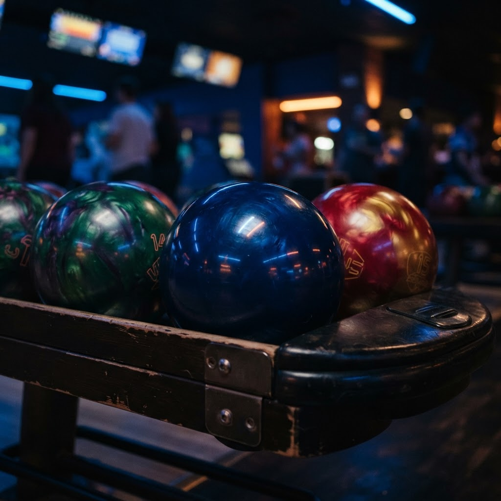 Glänzende Bowlingkugeln im Regal