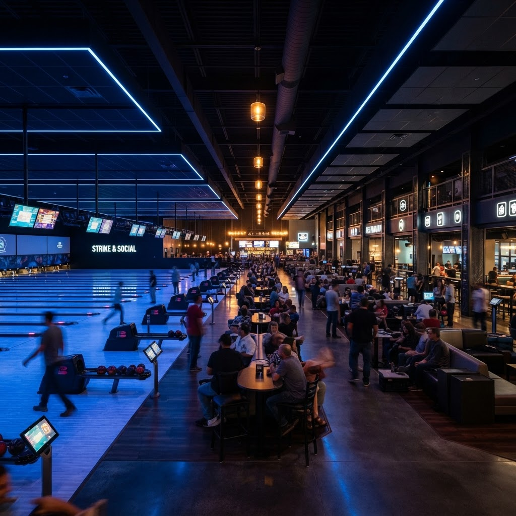 Weite Aufnahme der Berolina Bowling Lounge mit vielen Bahnen